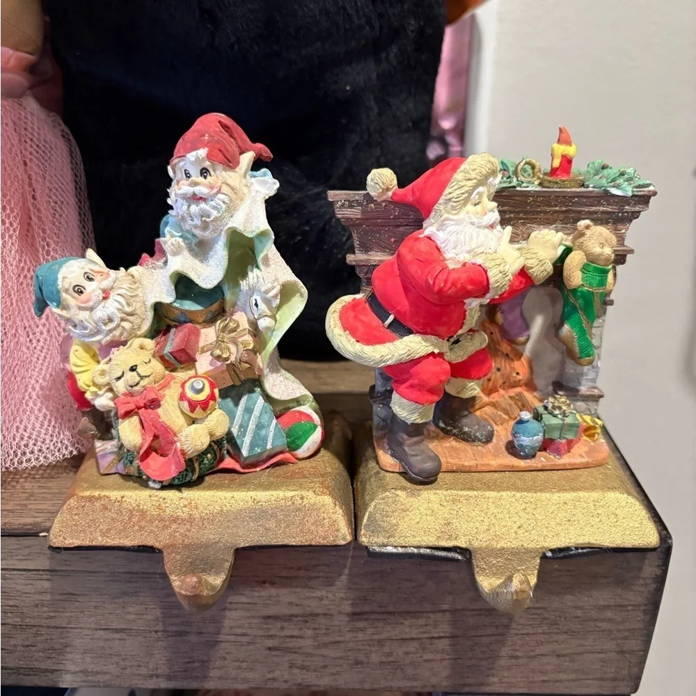 Set of 2 Vintage Heavy Cast Iron Christmas Stocking Mantel Hook Holders Santa